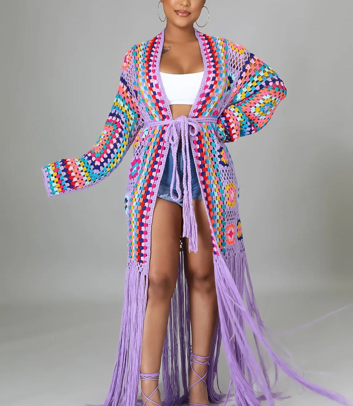 Spring Crochet Knitted Maxi Fringe Tassel Open Stitch Hollow Out Long Cardigan Sweater