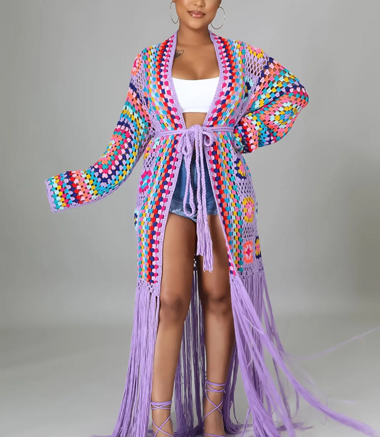 Spring Crochet Knitted Maxi Fringe Tassel Open Stitch Hollow Out Long Cardigan Sweater
