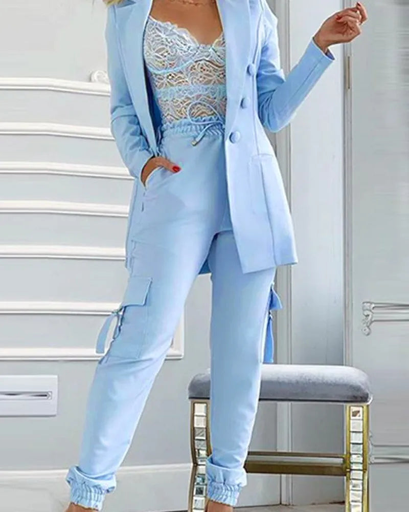 Baby Blue Buttoned Blazer and Pocket Design Pants Set