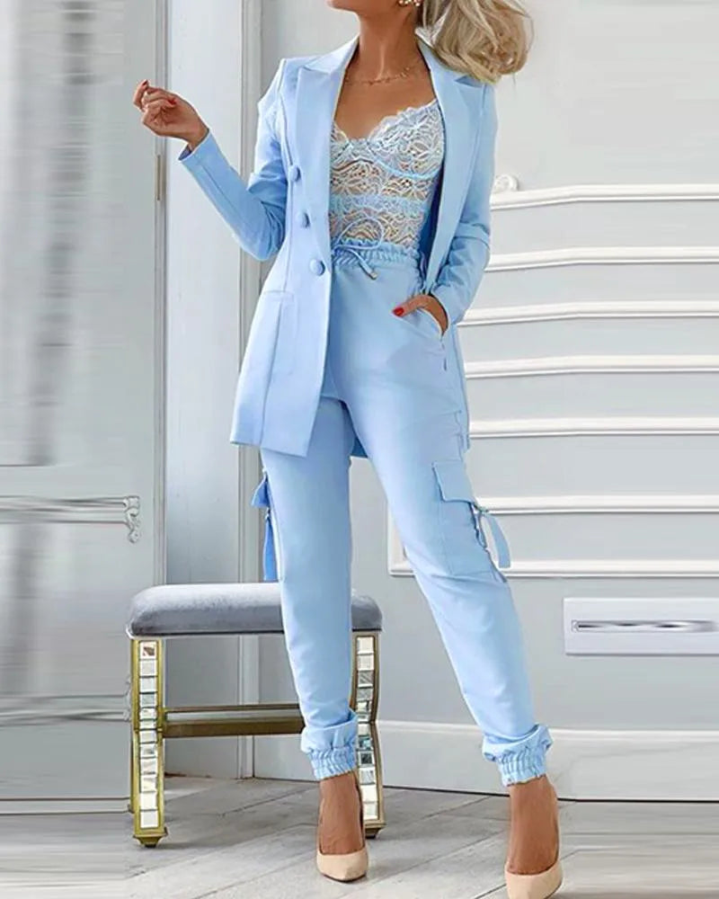 Baby Blue Buttoned Blazer and Pocket Design Pants Set