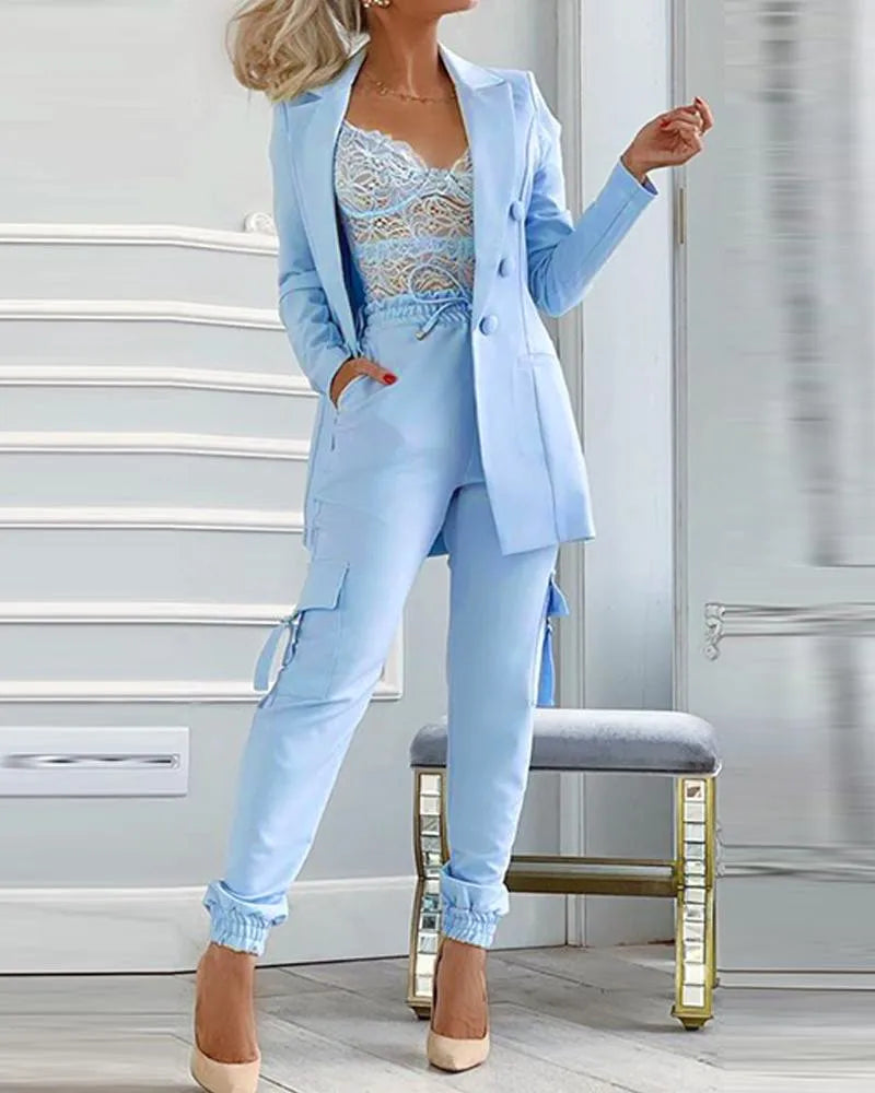 Baby Blue Buttoned Blazer and Pocket Design Pants Set