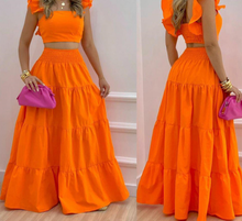 Women Chic Solid Flying Sleeves Crop Top Maxi Skirt Elastic Waist Folds Tiered Skirt Sets