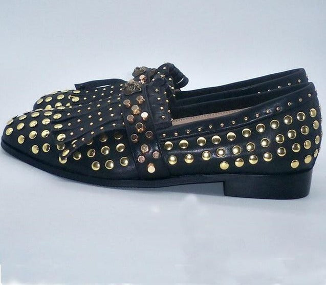 Gold Rivets Studded Leather Tassel Loafer | Mens Formal Party Wedding Occassion Shoes