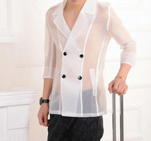 Men | 3/4 Sleeve Lapel Transparent | Double Breasted | Black White Mesh/Slim Fit Shirt