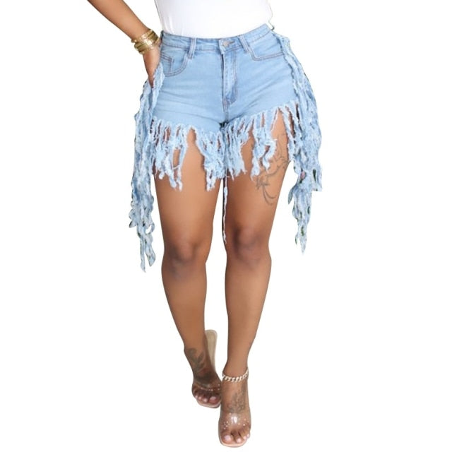 Plus Size Summer Tassel Drip High Waist Jean Shorts