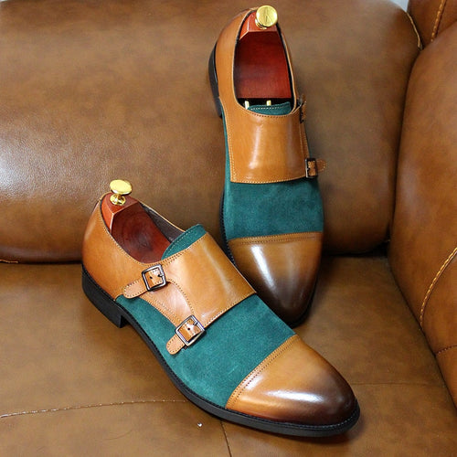 Lux of the Irish | Double Monk Strap Shoes | for Men | Genuine Leather Suede|Green Brown