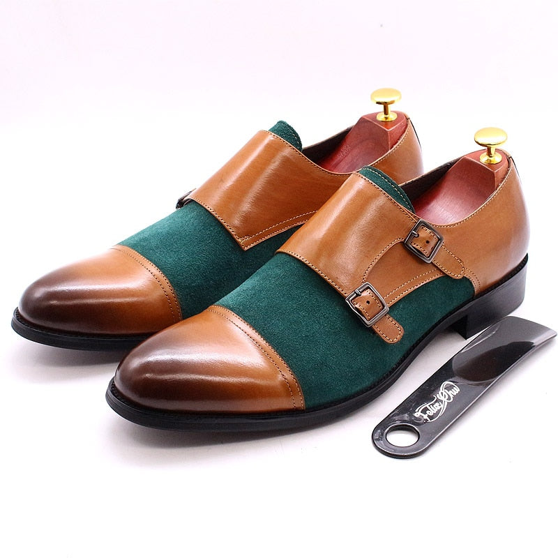 Lux of the Irish | Double Monk Strap Shoes | for Men | Genuine Leather Suede|Green Brown