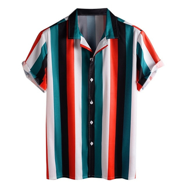 Men Cane Striped | Printed | Plus Size Short Sleeve | Breathable camisa Shirts | Turn Down Collar | Loose Casual Shirts Male chemise