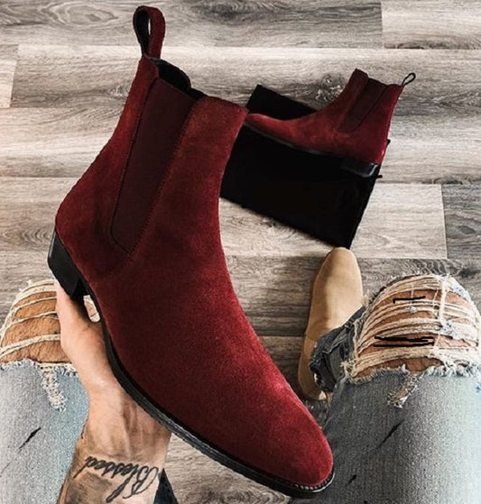 Men (Red) Suede Leather Vintage Slip-on Ankle Chelsea Boot