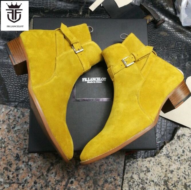 Autumn Yellow suede leather buckle strap slip on Chelsea Boots